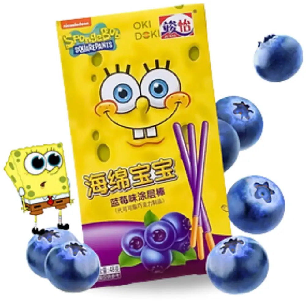 Un emballage jaune avec le visage du personnage Bob l’Eponge et des myrtilles bleues en bas et autour de l’emballage. Le tout sur fond blanc