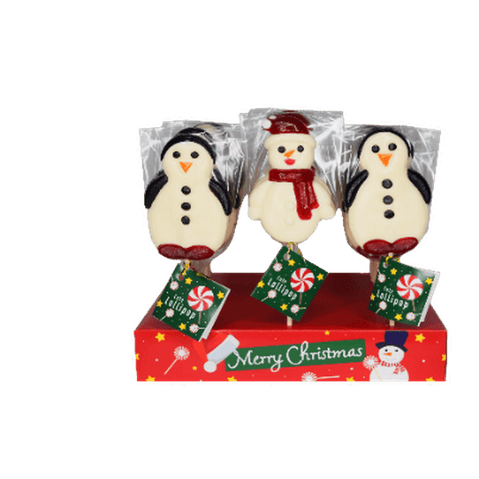 Une sucette en forme de bonhomme de neige au milieu et deux autres de part et d’autre en forme de pingouin sur un fond blanc. Les sucettes tiennent debout sur un carton rouge « Merry Christmas »