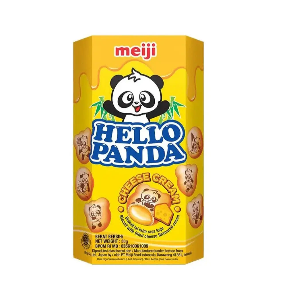 Un emballage jaune, des petits biscuits avec des pandas dessinés dessus et il y a à l’intérieur un liquide jaune. Le tout sur fond blanc
