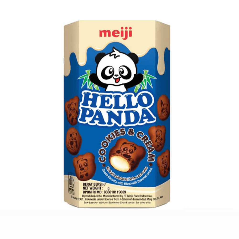 Un emballage bleu et beige, des petits biscuits marrons avec des pandas dessinés dessus et il y a à l’intérieur un liquide blanc. Le tout sur fond blanc