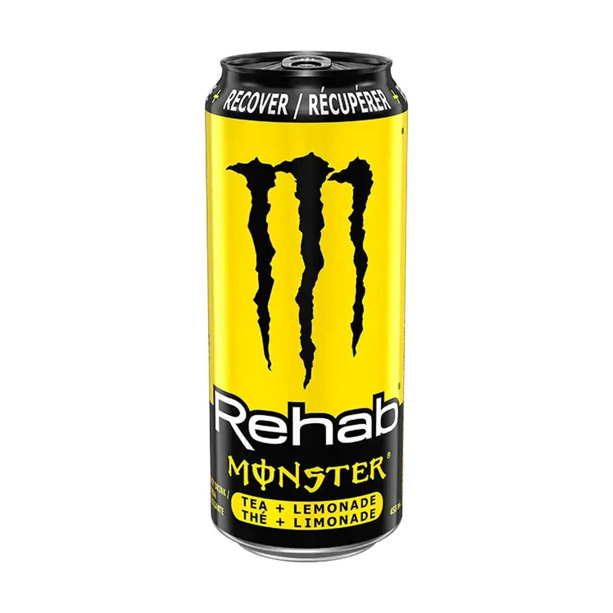 Une grande canette jaune et noir avec au centre le logo noir de Monster, un grand M. Le tout sur fond blanc