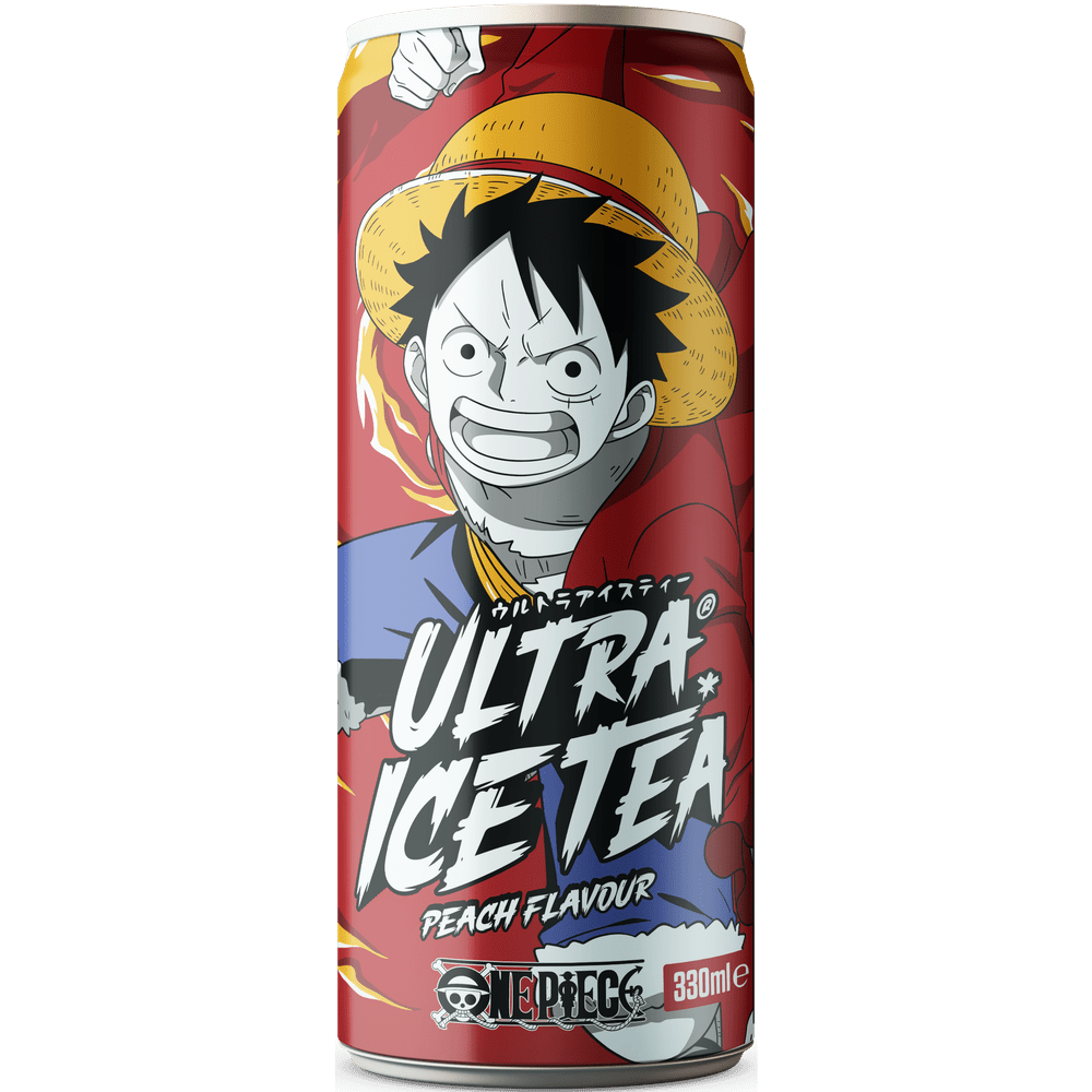 Une longue canette bordeaux sur fond blanc avec un personnage de One Piece