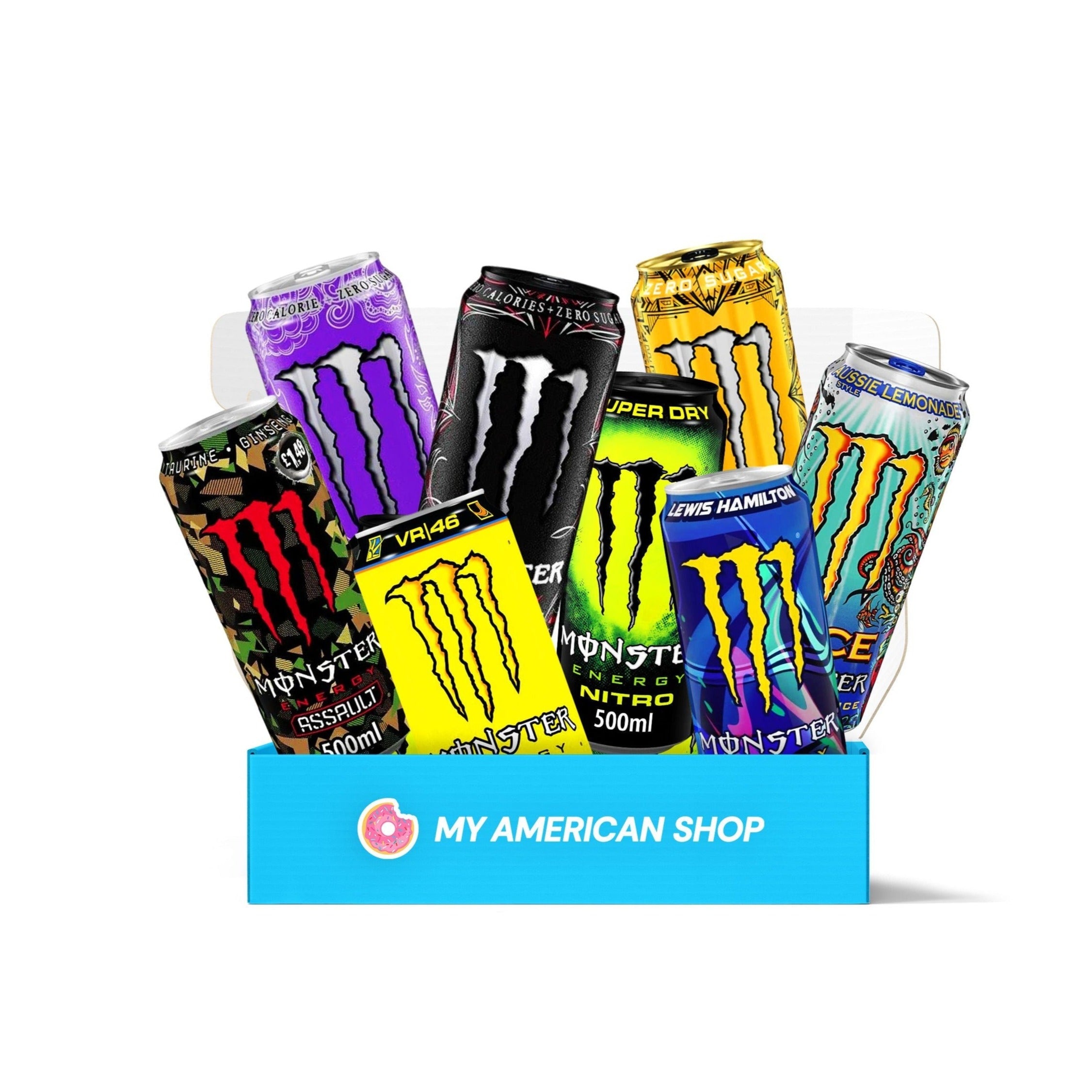 Un carton rectangulaire bleu sur fond blanc contenant 8 Monster colorés ; noir, mauve, jaune, vert, jaune, bleu