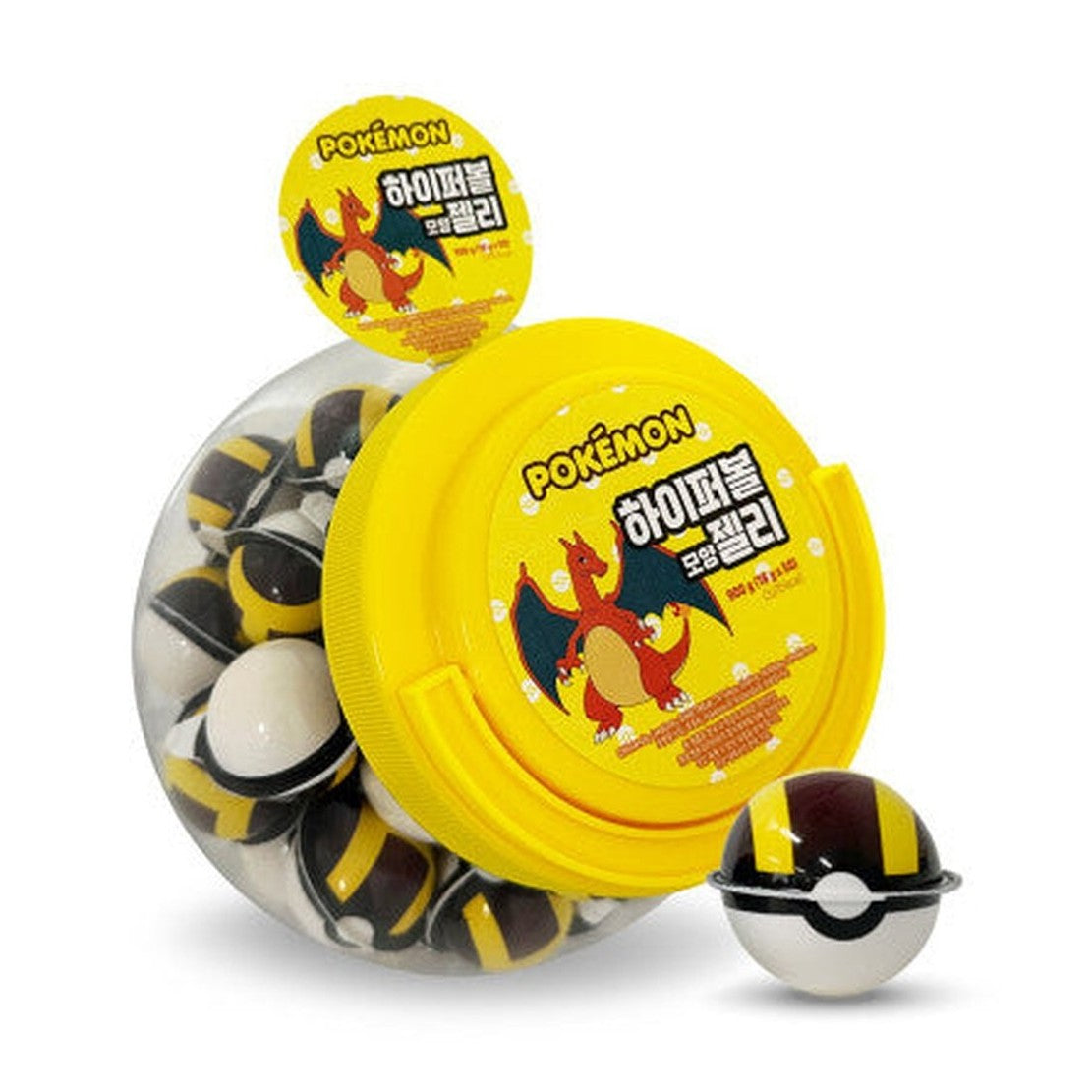 Un grand emballage transparent rempli de boules Pokemon jaune, le tout sur fond blanc