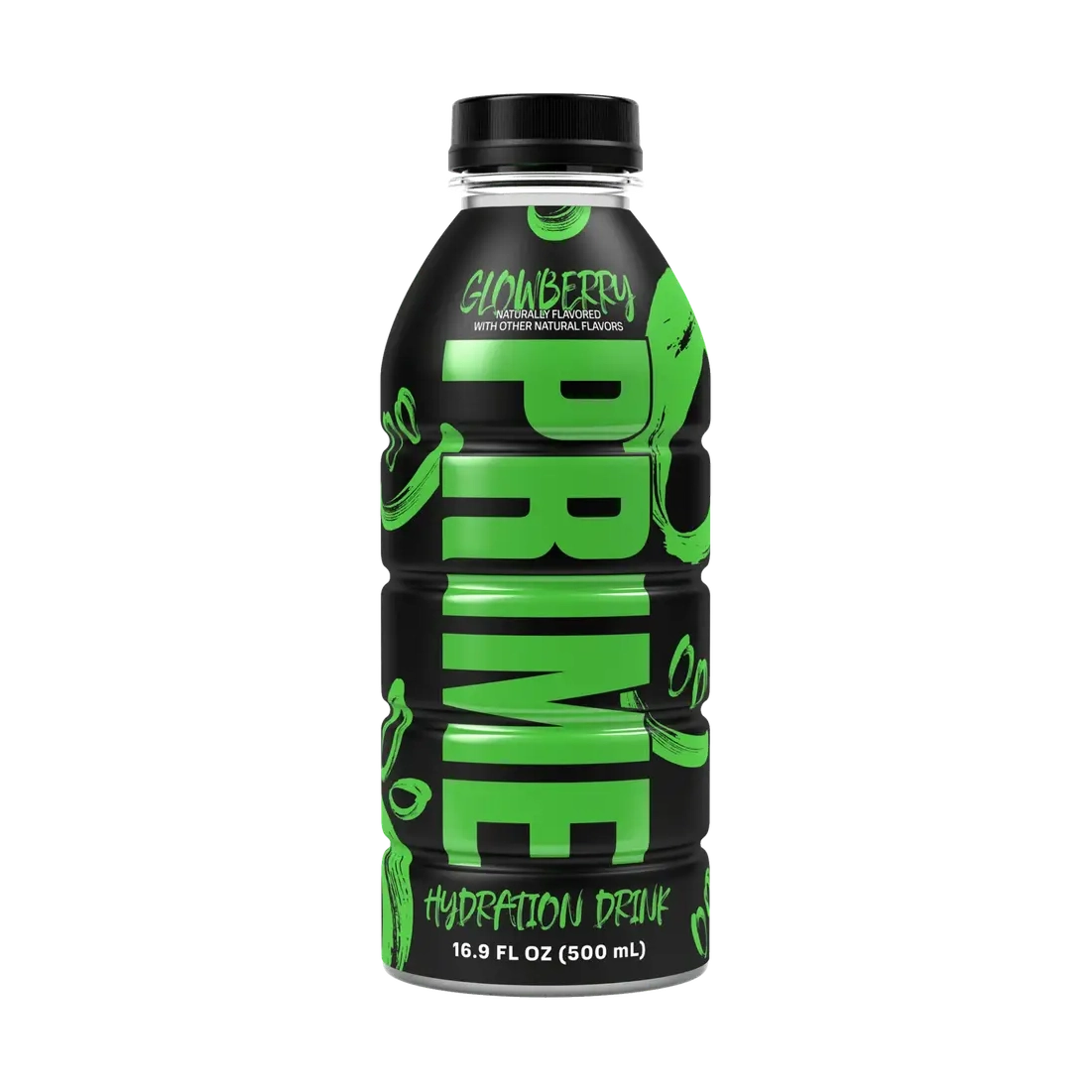 Une bouteille noir avec un capuchon noir, au centre il est écrit verticalement « Prime » en vert. Le tout sur fond blanc