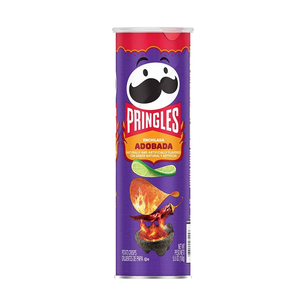 Un paquet en forme de cylindre mauve, au milieu il y a une chips et une tranche de citron vert et en-dessous un piment brulé
