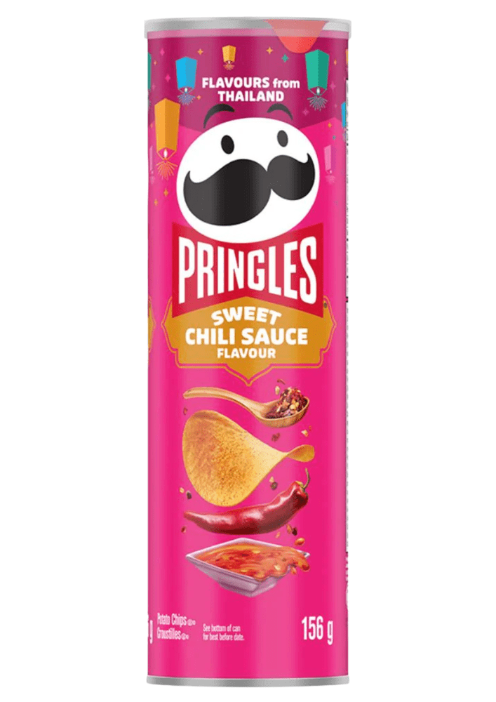 Pringles Sweet Chili Sauce, chips américaines saveur sauce douce piment rouge ail inspiration thaïlandaise, boîte originale importée