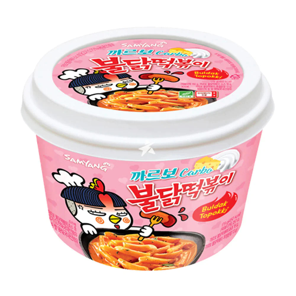 Samyang Buldak Topokki Carbo Cup 179g : galettes riz coréen épicé sauce carbonara crémeuse