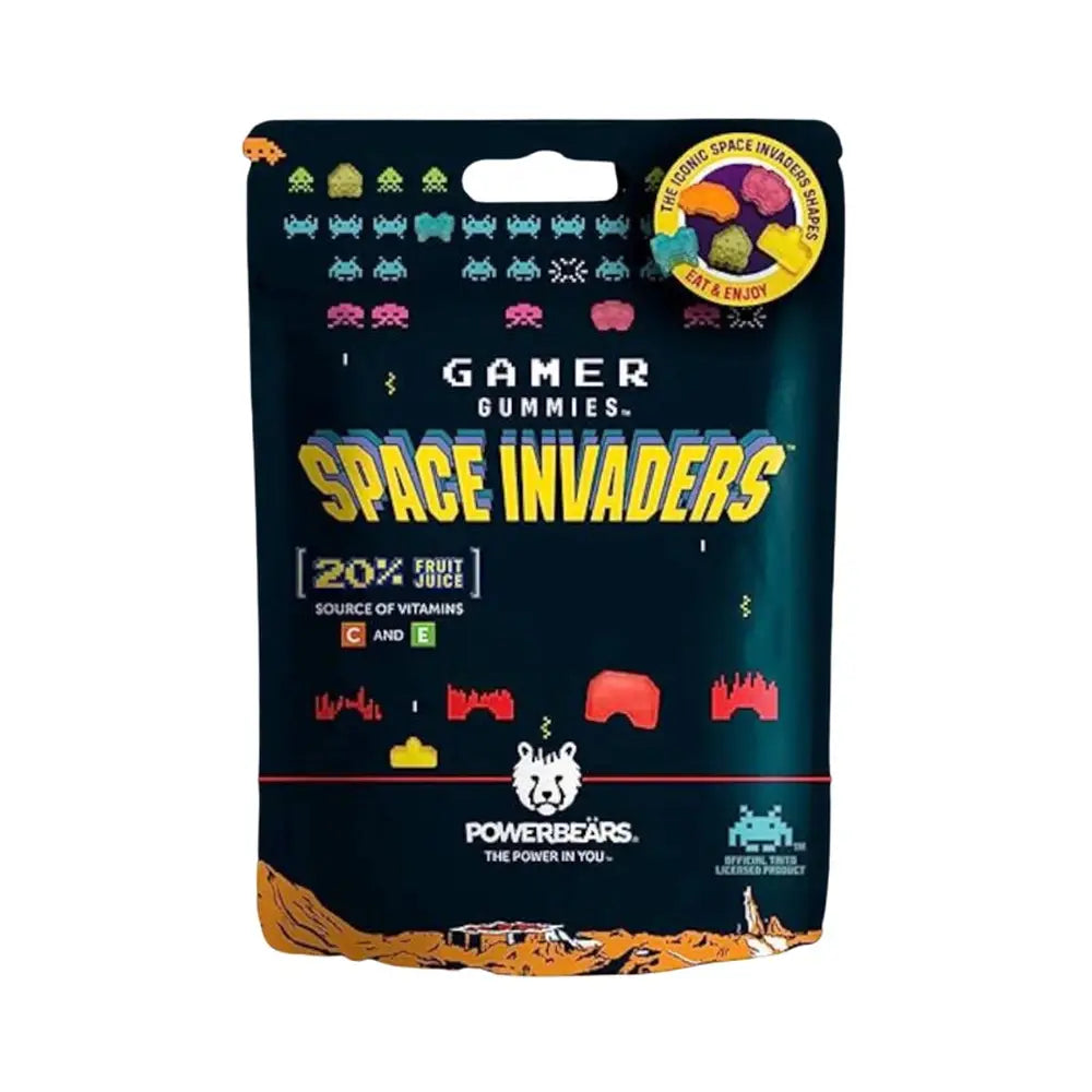 Un emballage noir sur fond blanc avec des petites créatures colorés de jeu vidéo et au centre il est écrit en jaune « Space Invaders » 