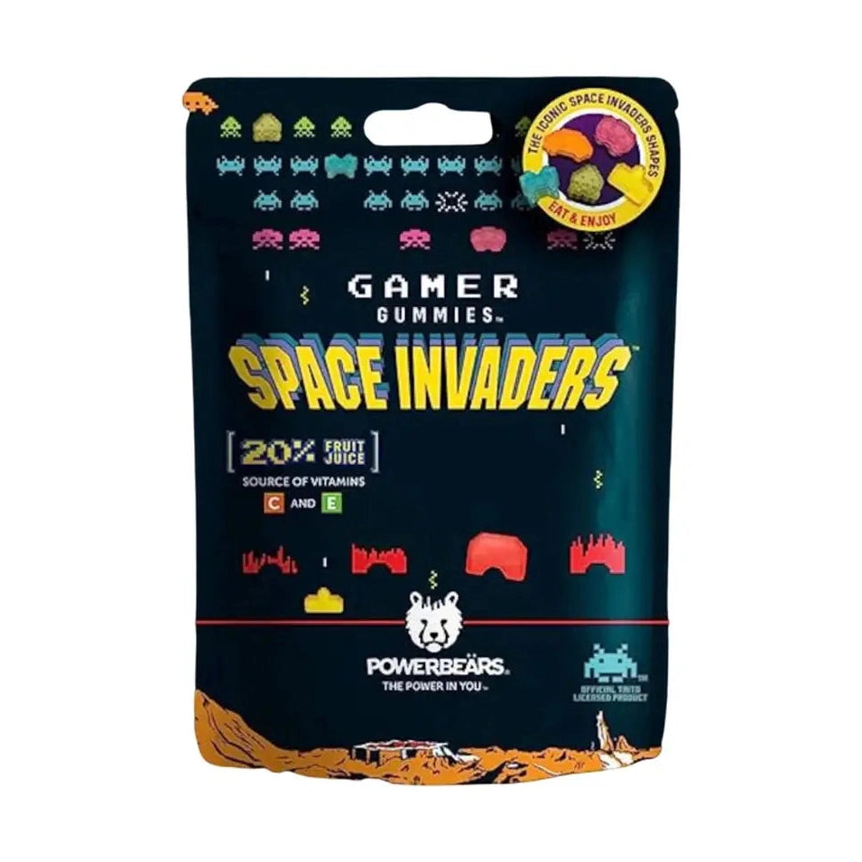 Un emballage noir sur fond blanc avec des petites créatures colorés de jeu vidéo et au centre il est écrit en jaune « Space Invaders » 