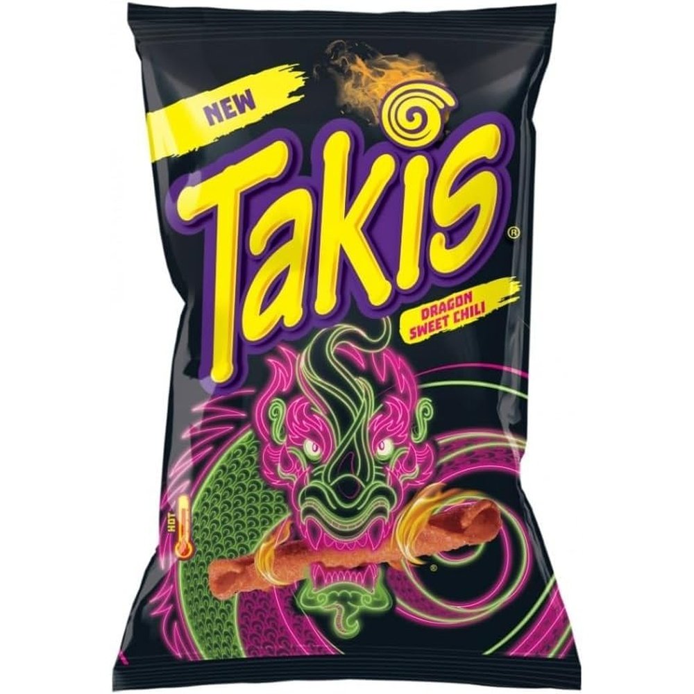 Un paquet noir avec au centre un dragon fluorescent qui a un Takis orange dans sa gueule, le tout sur fond blanc