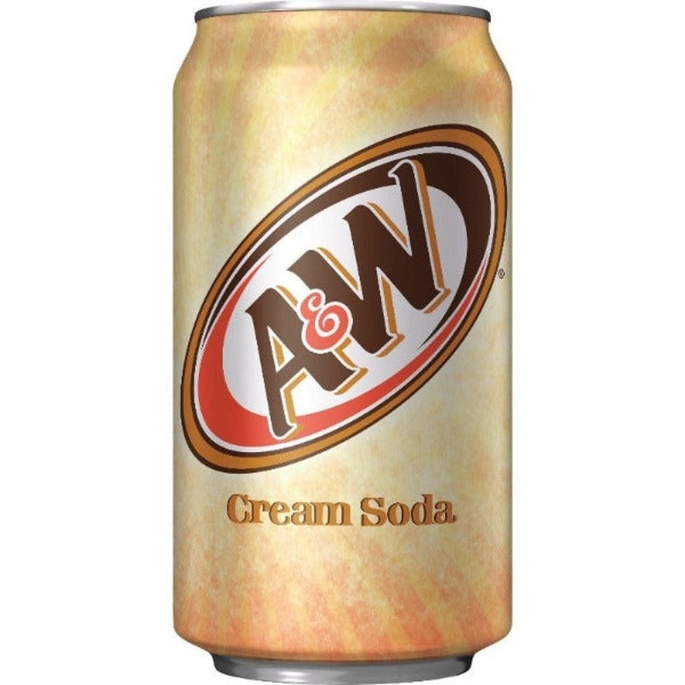 Une canette sur fond blanc avec des nuances de beige et de brun, au centre le logo « A&W » avec des couleurs rouge et marron. En-dessous il est écrit Cream Soda