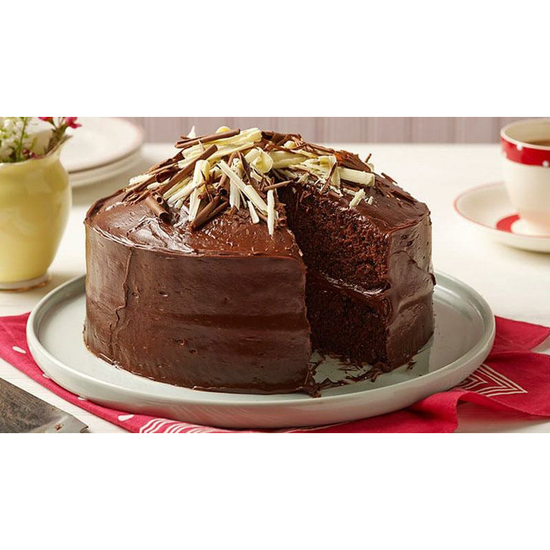 Un gâteau au chocolat sur une assiette grise qui est sur une table blanche avec une serviette rouge