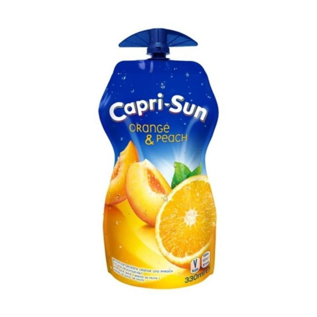 Une bouteille de forme spéciale bleu au-dessus et jaune en-dessous avec des des oranges et des pêches. Le tout sur fond blanc