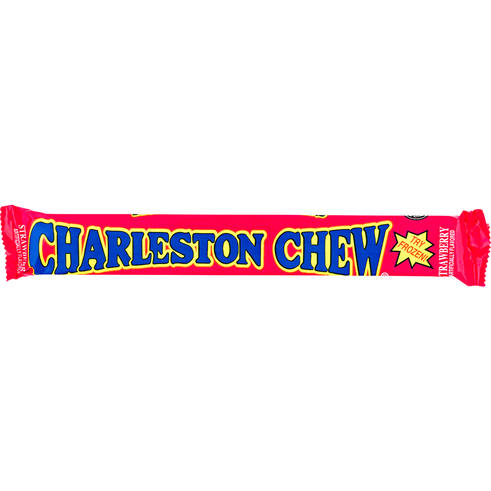 Un emballage rose long sur fond blanc avec écrit « Charleston Chew » en bleu entouré de jaune