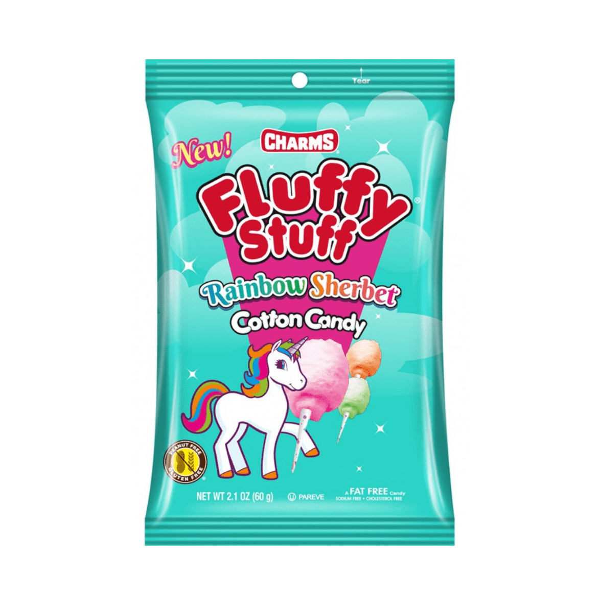 Un paquet bleu-vert brillant sur un fond blanc avec une licorne blanche et 3 barbes à papa