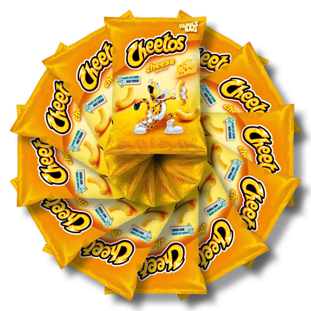 Plusieurs paquets oranges entassées les uns sur les autres sur un fond blanc. Le tout forme une rosace 