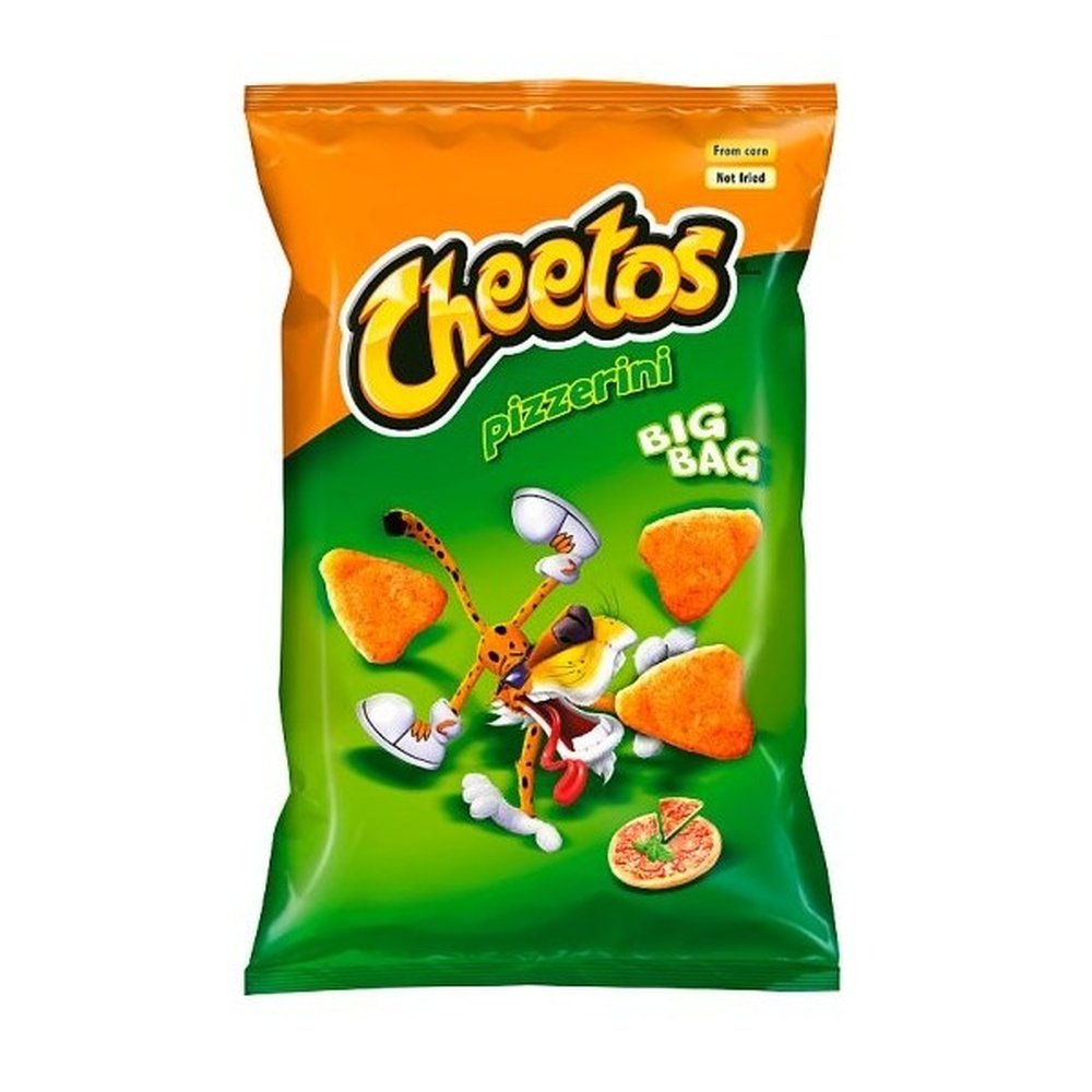 Un paquet orange et vert sur fond blanc avec un tigre qui veut manger des chips oranges de forme triangulaire . En bas à droite une pizza rouge à la tomate 