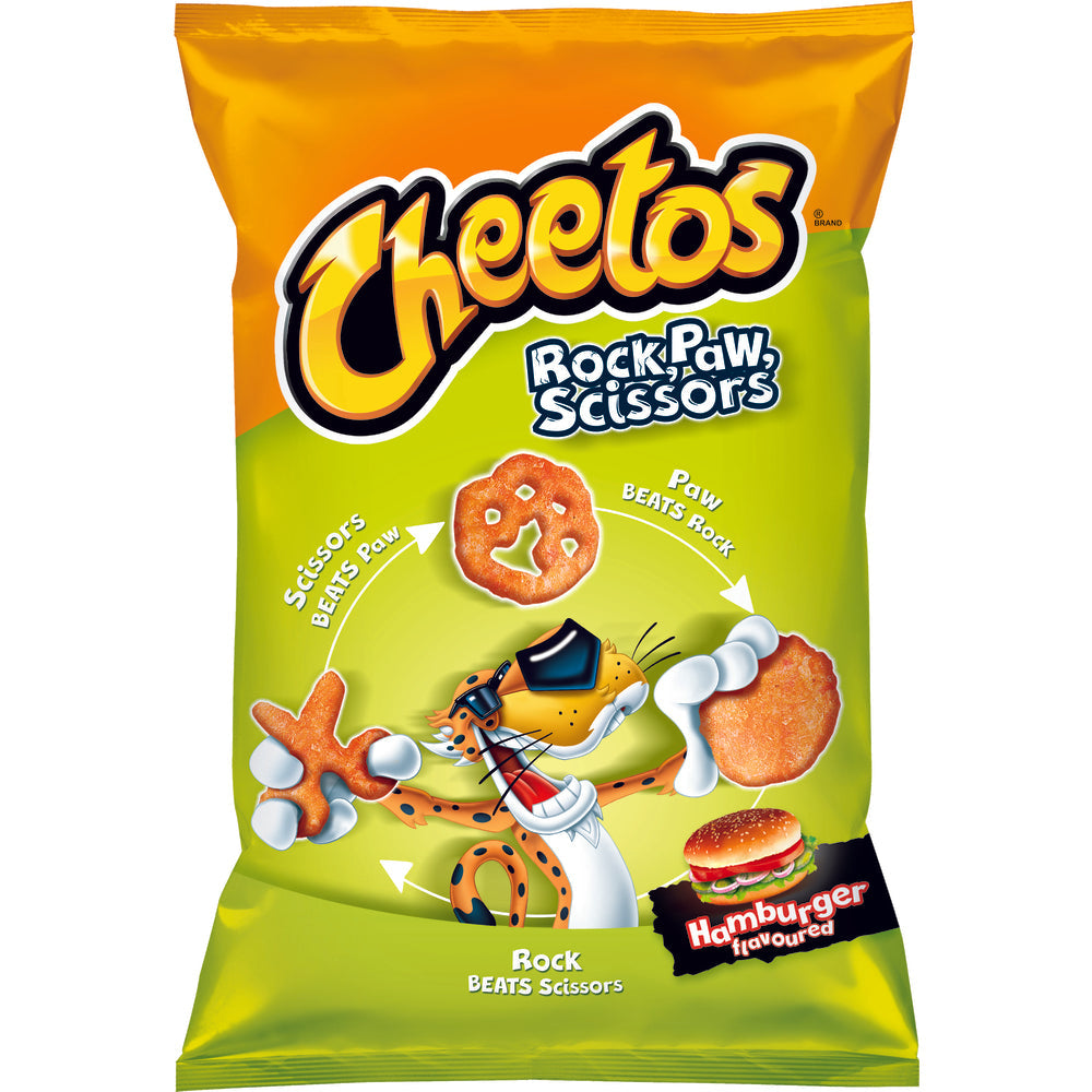 Un paquet orange et vert sur fond blanc avec 3 types de chips qui sont tenus par un tigre à lunettes de soleil. Et sur le coté droit il y a un hamburger