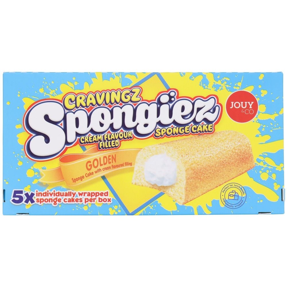 Un carton bleu et jaune avec un cake fourré à la crème blanche, le tout sur fond blanc