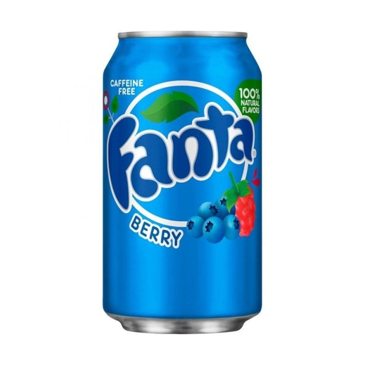 Une canette bleue sur fond blanc avec sur le coté droit des myrtilles et une framboise 