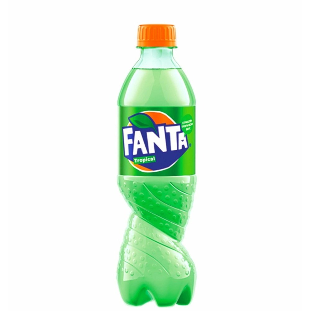 Une bouteille verte, un capuchon orange et une étiquette verte avec le logo Fanta, le tout sur fond blanc