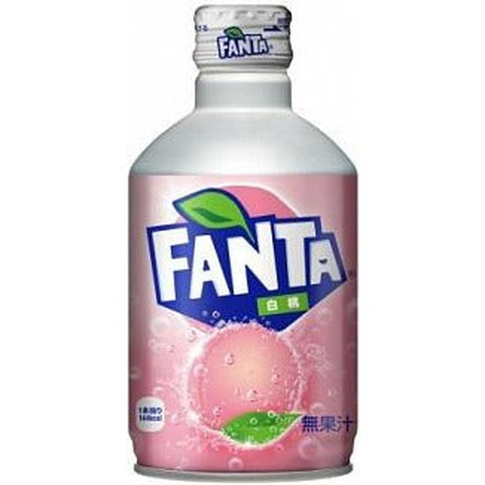 Une bouteille blanche et rose sur fond blanc avec le logo Fanta en haut et en bas une pêche rose entourée de bulles 