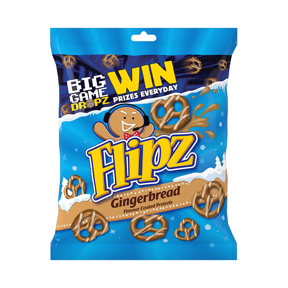 Un emballage bleu sur fond blanc, avec 6 petits bretzels enrobés d’un glaçage dont un en haut à gauche avec un éclaboussement de ce glaçage. Il y a de le neige un peu partout et un biscuit en pain d’épices qui a un casque de musique noir