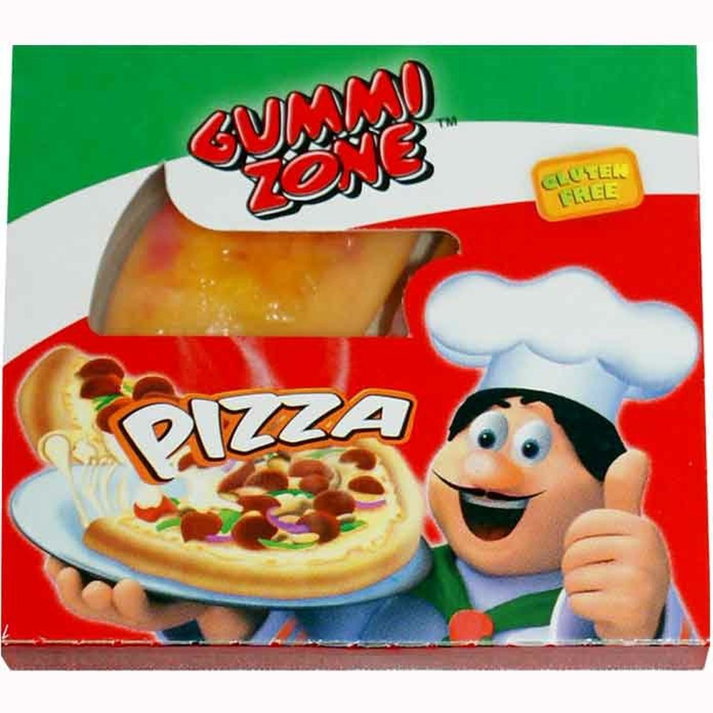 Un petit carton avec un pizzaïolo qui tient une pizza et il y a les couleurs du drapeau italien : vert, blanc, rouge. Le tout sur fond blanc