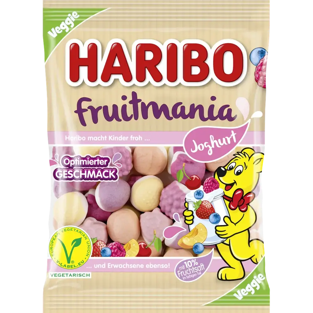 Un emballage beige avec au centre une partie transparente qui montre des bonbons de couleur pâle en forme de fraises, framboise, cerise. Le tout sur fond blanc