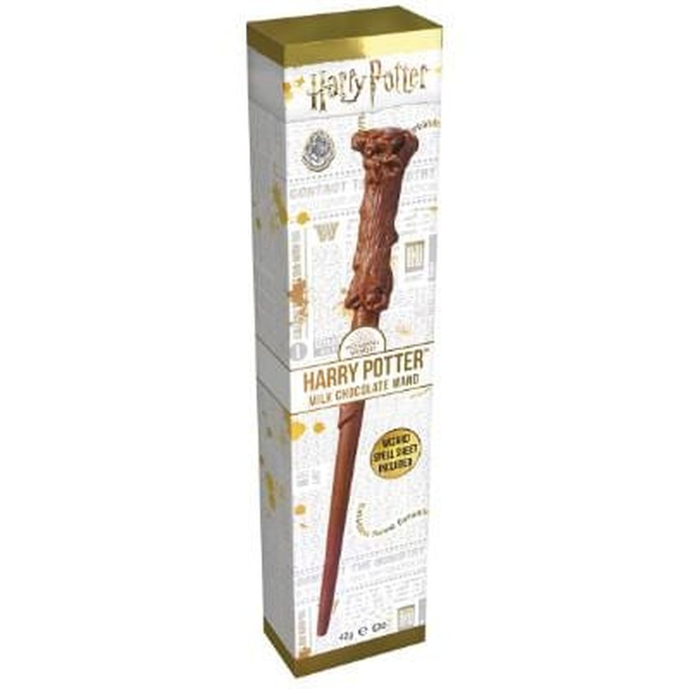 Un emballage blanc sur fond blanc avec sur toute sa longueur la baguette magique d’Harry Potter en chocolat