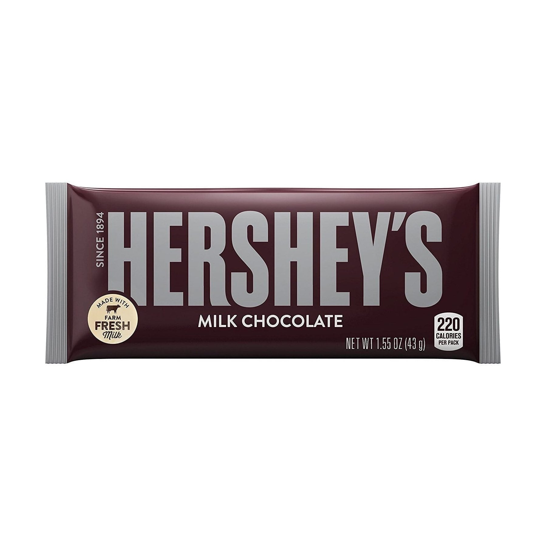 Un emballage marron foncé aux extrémités grises et au centre écrit en majuscule « Hershey’s », le tout sur fond blanc