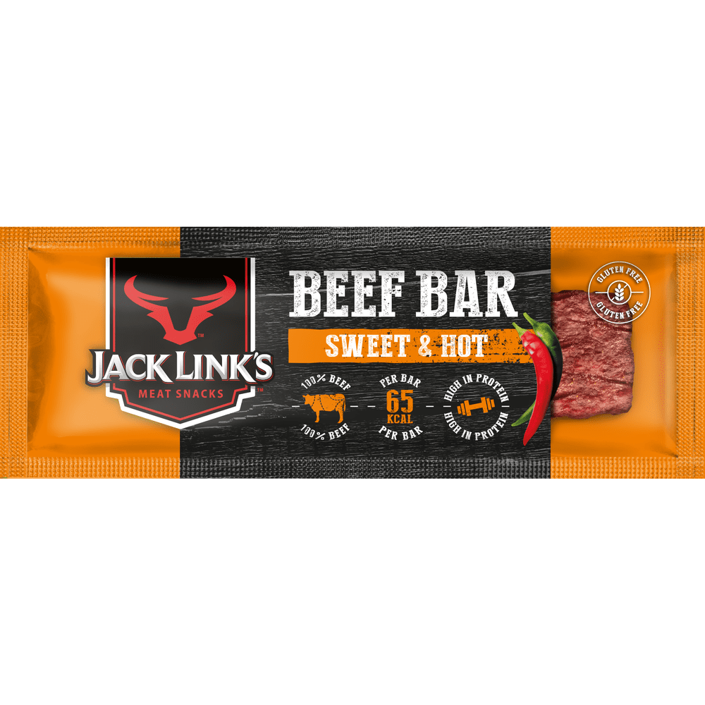 Un emballage orange et noire avec à gauche le symbole d’un taureau rouge et à droite un morceau de viande séchée en bar, le tout sur fond blanc