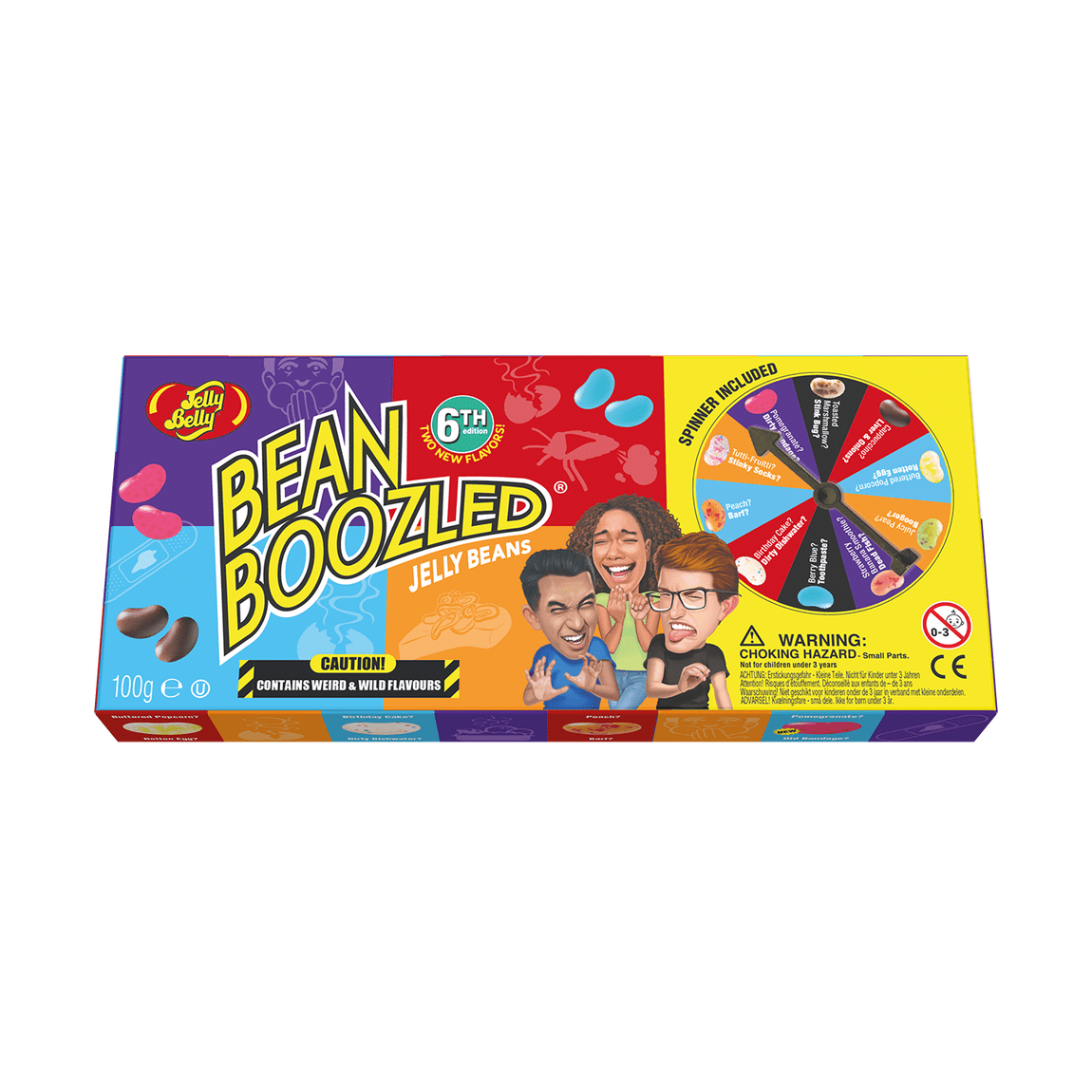 Une boite colorée sur fond blanc, il y a 3 personnes qui font des grimaces de dégout et à droite il y a la roulette du jeu avec tous les Jelly dessus 