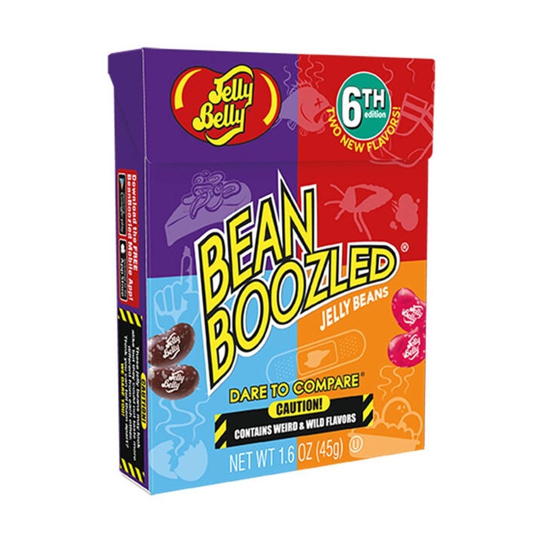 Un petit carton coloré (mauve, rouge, bleu et orange) avec des bonbons en forme de haricots marrons et roses, le tout sur fond blanc