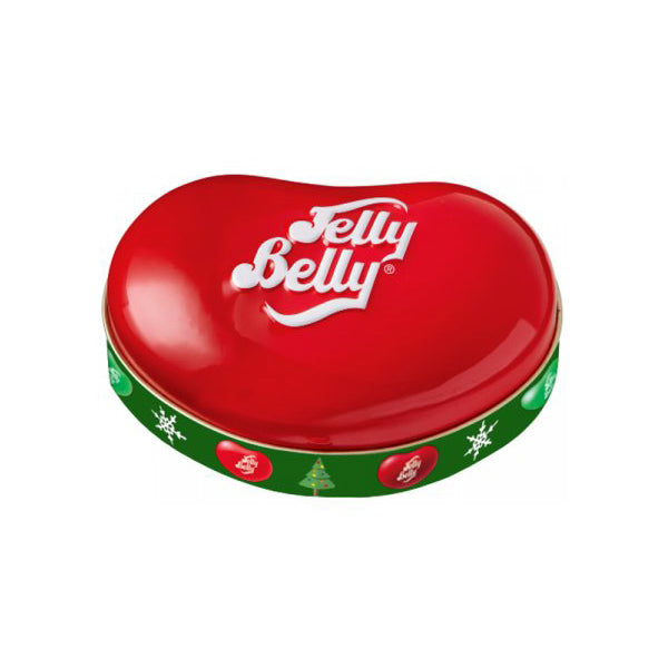 Une boite rouge en forme de Jelly Belly géant et un bas vert avec des dessus de flocons de neige, sapin et Jelly Belly