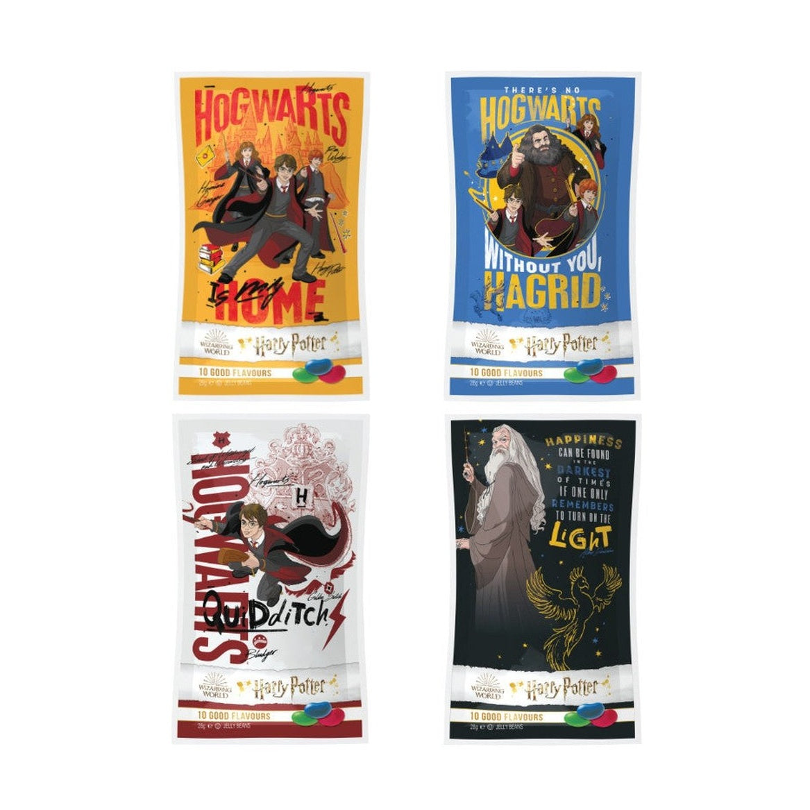 4 emballages différents sur fond blanc, un jaune, un bleu, un blanc et un rouge. Sur chacun il y a différents personnages du film Harry Potter