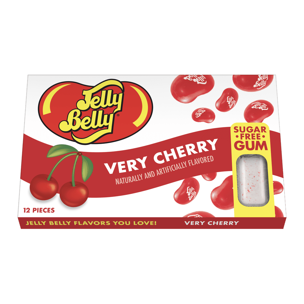 Un paquet rouge et blanc avec des Jelly Belly rouge et en bas à droite un petit chewing-gum blanc avec des tâches rouges. Le tout sur fond blanc