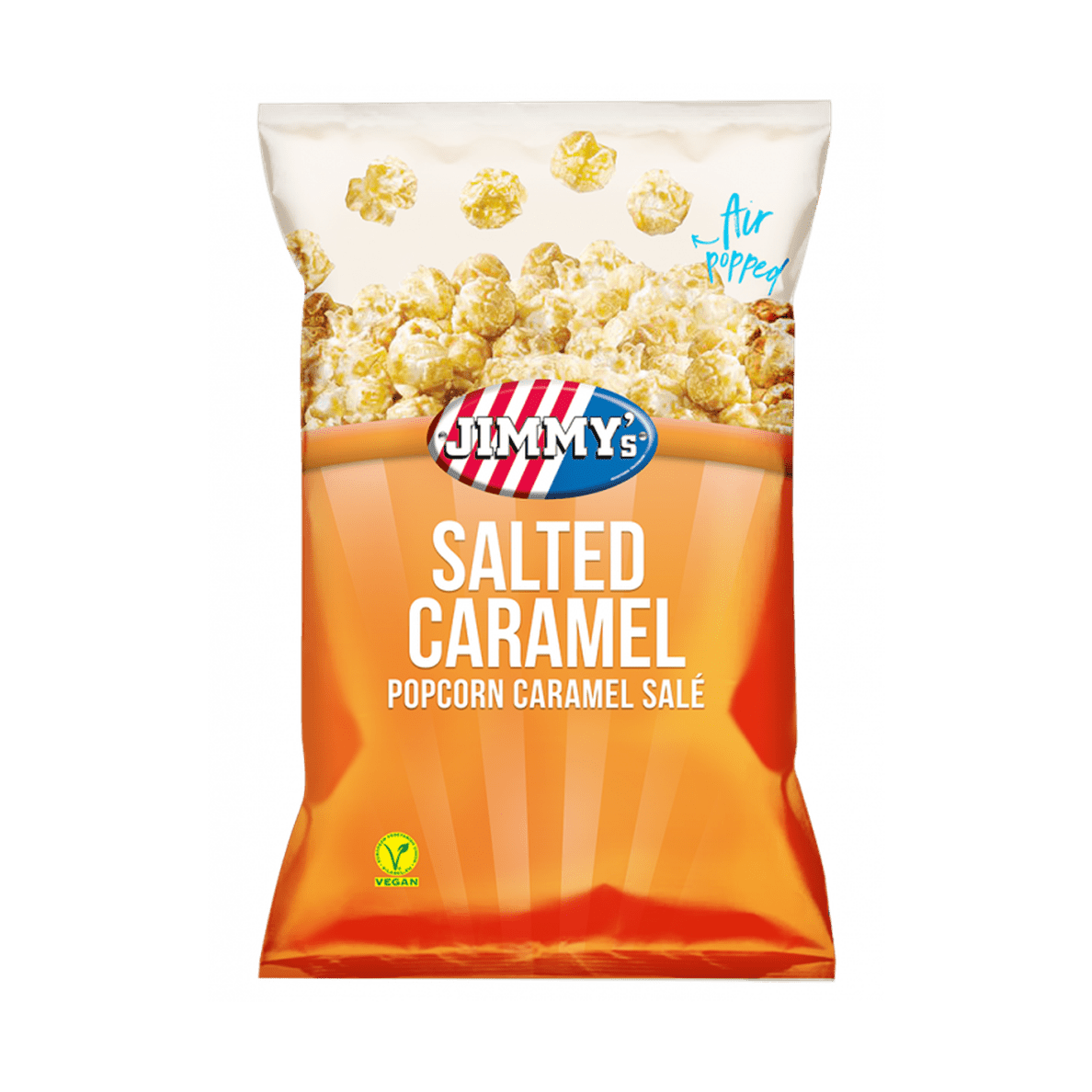 Un emballage beige au-dessus et orange en-dessous, avec des popcorns beiges. Le tout sur fond blanc