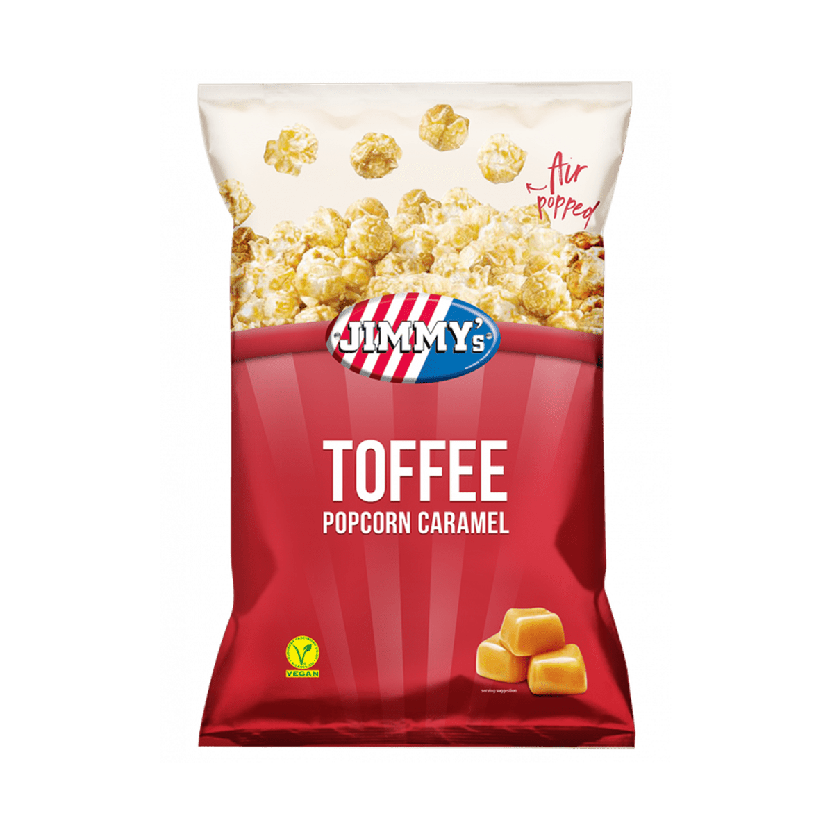 Un emballage beige au-dessus et bordeaux en-dessous, avec des popcorns beiges et 3 morceaux de caramel. Le tout sur fond blanc