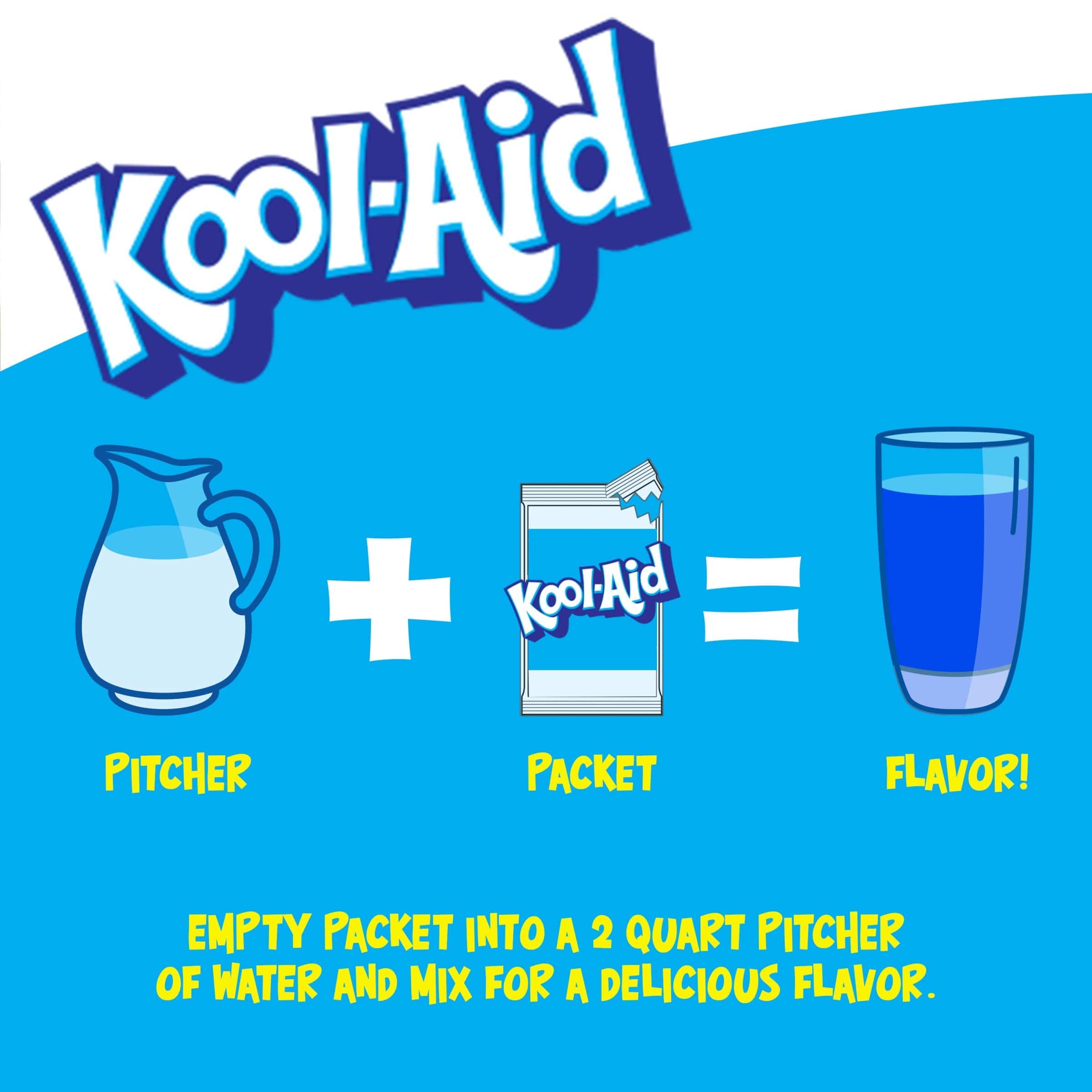 Une affiche blanc au-dessus et bleu en-dessous avec une carafe blanche, un paquet de KoolAid et un verre rempli de boisson brune 