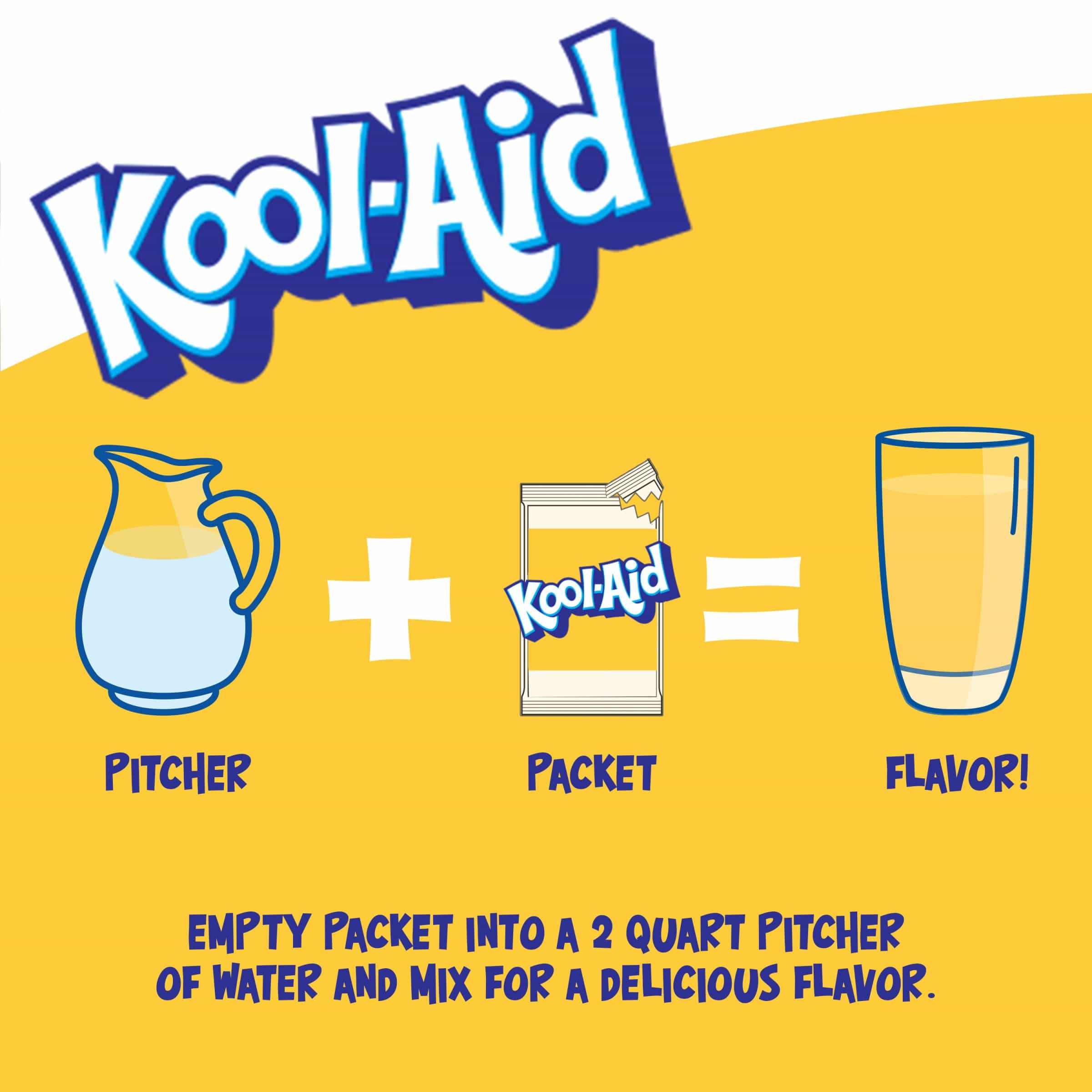 Une affiche blanc au-dessus et jaune en-dessous avec une carafe blanche, un paquet de KoolAid et un verre rempli de boisson jaune