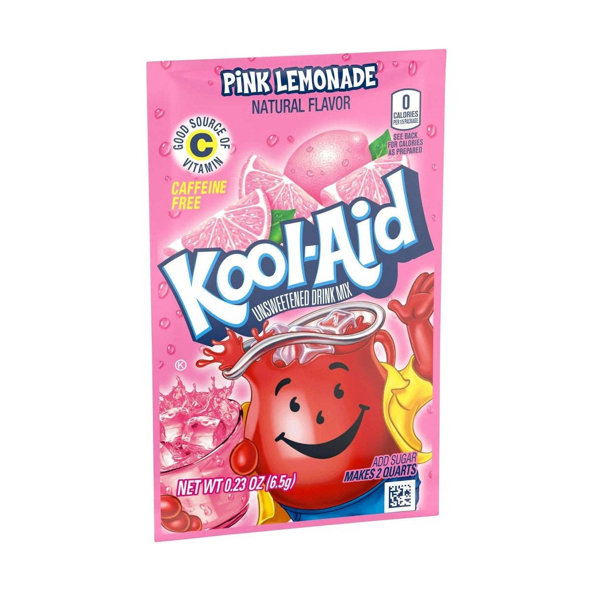 Un paquet rose sur fond blanc avec au-dessus des citrons roses, en-dessous un bonhomme en forme de carafe rouge qui tient un verre d’une boisson rose avec glaçons