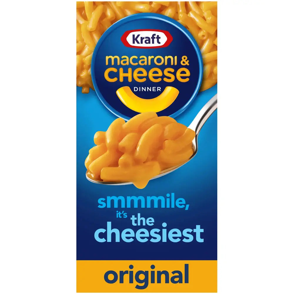 Un paquet bleu sur fond blanc avec au-dessus des Mac&cheese et sur le devant un cuillère de Mac&cheese, en bas il est écrit « original » en jaune