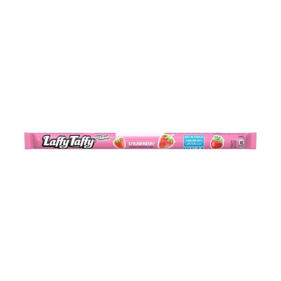 Un emballage rose en forme de long bâtonnet avec 3 fraises rouges, le tout sur fond blanc