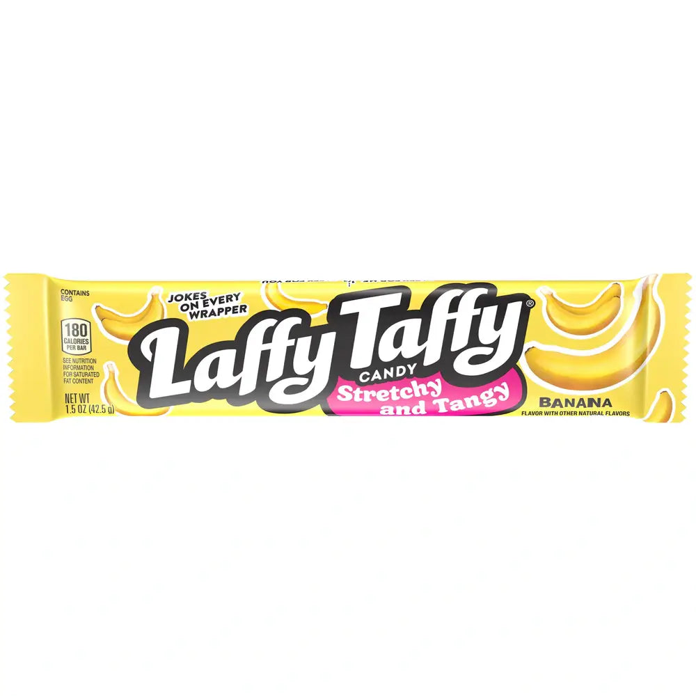 Un emballage rectangulaire jaune sur fond blanc avec plusieurs bananes jaunes au centre écrit en grand et en blanc « Laffy Taffy »
