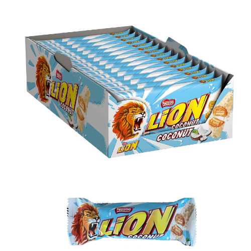 Un carton bleu et blanc remplis d’emballages individuels, il y a une tête de lion qui rugit et des morceaux de noix de coco. Le tout sut fond blanc