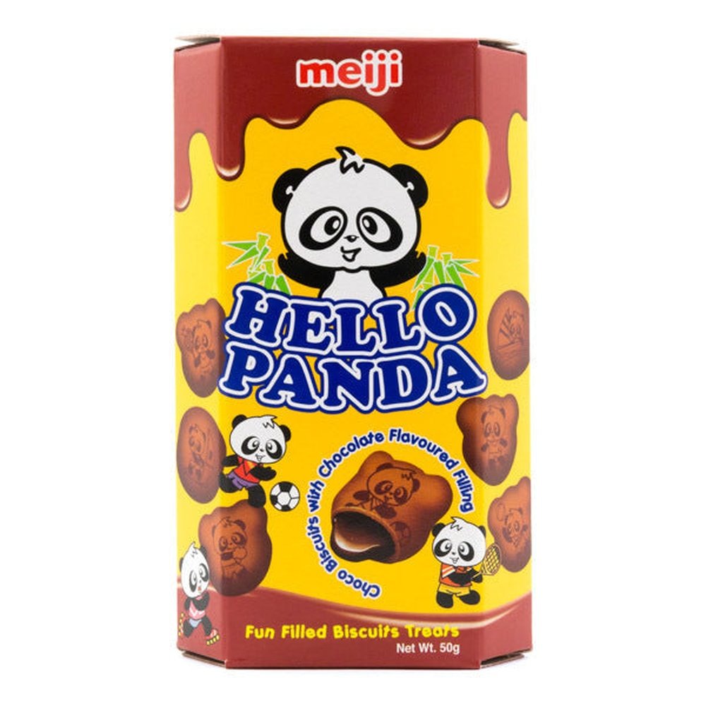 Un emballage jaune et marron, des petits biscuits marrons avec des pandas dessinés dessus et il y a à l’intérieur un liquide marron. Le tout sur fond blanc