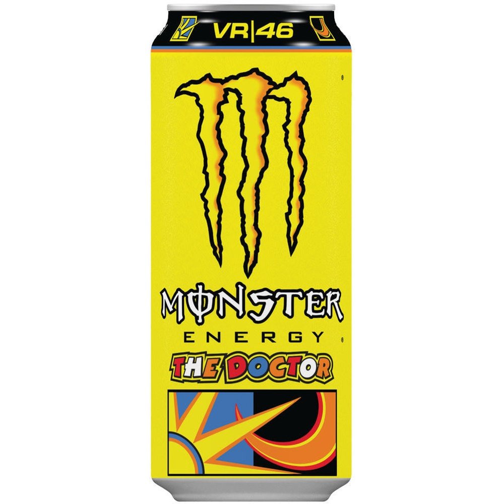 Une grande canette jaune avec au centre le logo jaune de Monster, un grand M. Le tout sur fond blanc