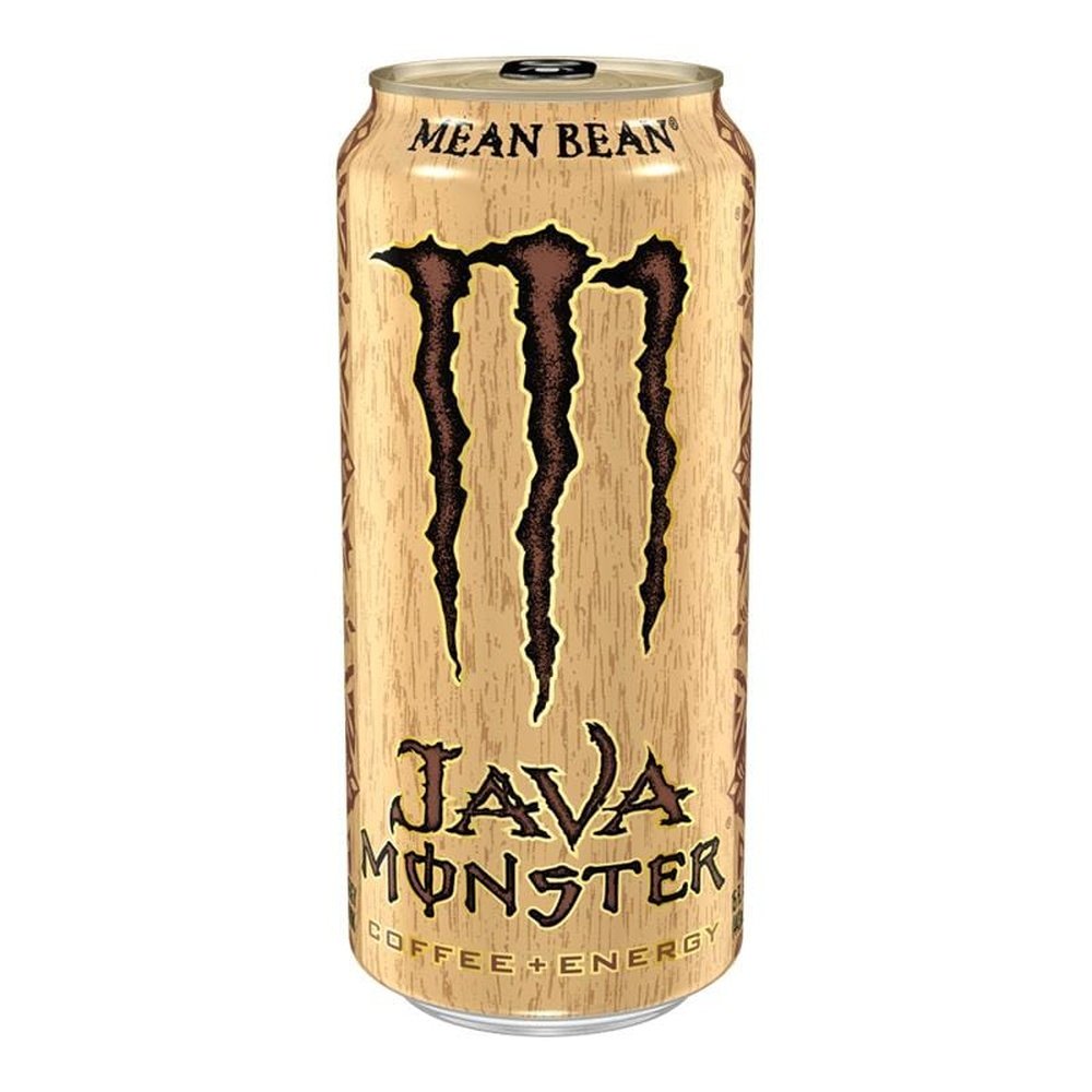 Une grande canette beige avec au centre le logo marron de Monster, un grand M. Le tout sur fond blanc